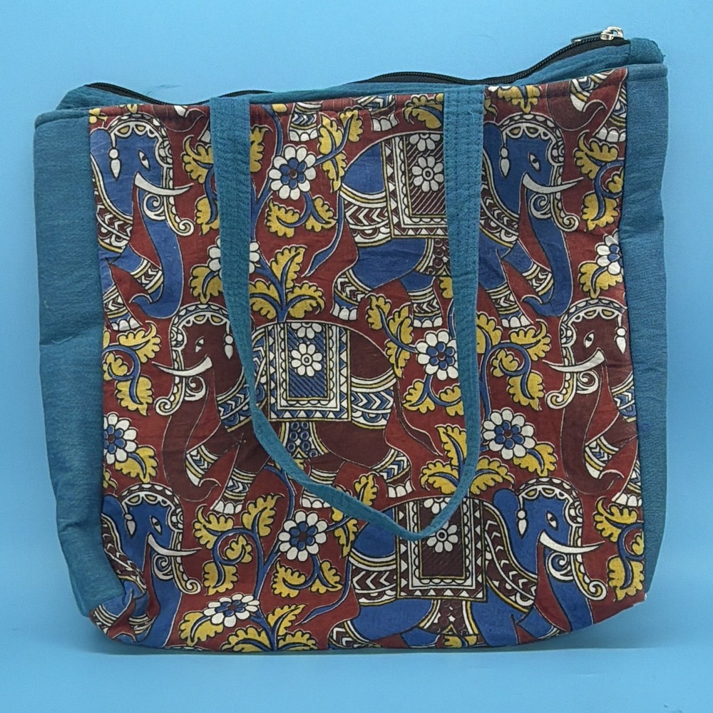 Boho Elephant Tote Bag Canvas Shoulder Purse Teal Tribal Festival Casual Women